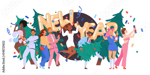 People Characters Celebrating New Year Holiday with Party Popper and Champagne with Balloons and Fir Tree Vector Illustration