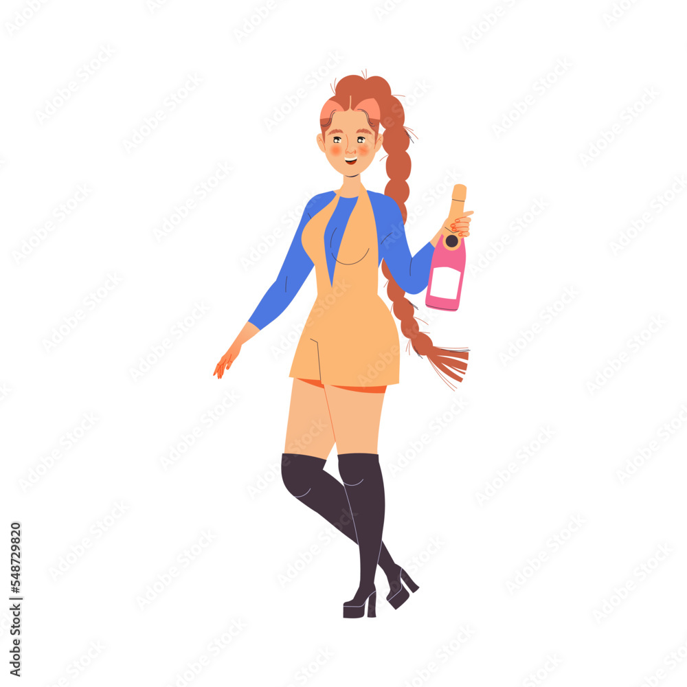 Cheerful Woman Character with Champagne Bottle Celebrating New Year Holiday Vector Illustration Cheerful Woman Character with Champagne Bottle Celebrating New Year Holiday Vector Illustration