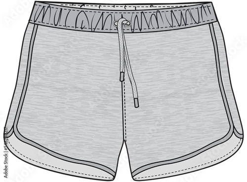 unisex elastic waist drawstring shorts flat technical cad drawing vector illustration template