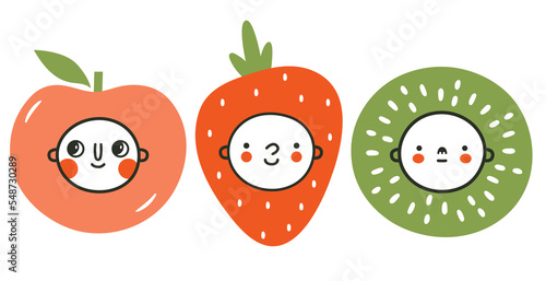 Chidren set of cliparts with baby faces, kawaii' fruits. Vector cute illustrations with apple, strawberry, kiwi for logo, card, baby shower, kids' merch, sticker. Different kids emotions.
