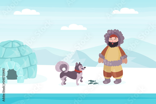 Eskimo indigenous man in traditional winter clothes feeding dog with fish on northern landscape cartoon vector