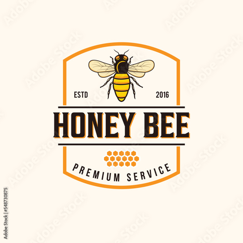 Vector honey bee or organic bee farm retro vintage style logo