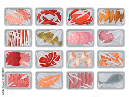 Meat and Seafood Packaging with Chicken, Shrimps, Salmon, Forced Meat, Beef and Sausage in Plastic Serving Tray Big Vector Set