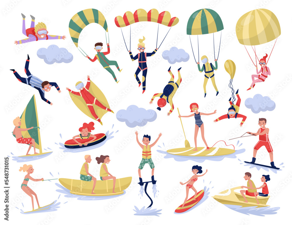 People Characters Engaged in Extreme Water Sport Activity Big Vector Set People Characters Engaged in Extreme Water Sport Activity Big Vector Set
