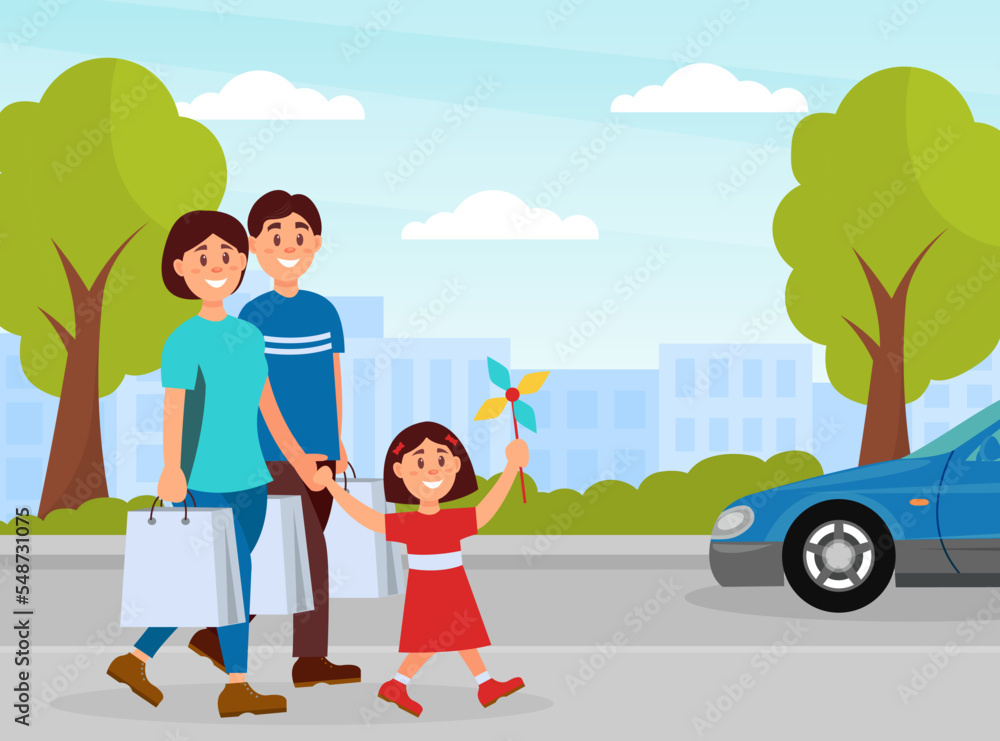 Happy family walking with shopping bags in park. Parents and kids having good time together cartoon vector