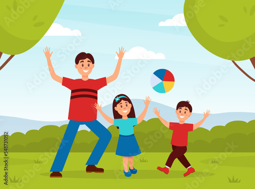 Dad playing ball with his son and daughter in park. Parent and kids having good time outdoors cartoon