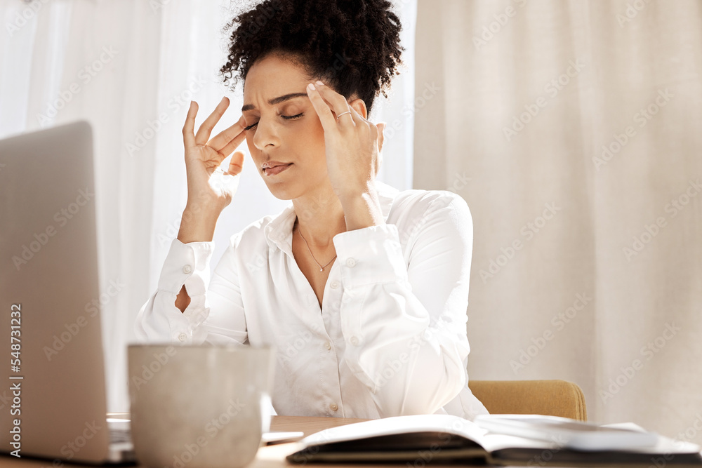 Headache, burnout and business woman with laptop for stress, anxiety and mental health management. Risk, tired and fatigue with black woman in office with notebook for report, tax and audit Headache, burnout and business woman with laptop for stress, anxiety and mental health management. Risk, tired and fatigue with black woman in office with notebook for report, tax and audit