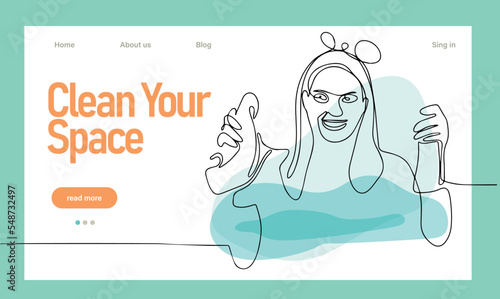 Home cleaning service landing page design concept, illustration of janitors with cleaning tools. Vector illustration