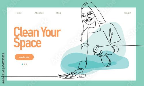 Home cleaning service landing page design concept, illustration of janitors with cleaning tools. Vector illustration