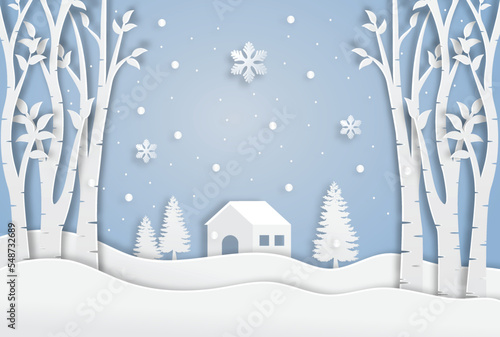 Winter Snow with house in village, Happy new year and Merry christmas, paper art and digital craft style