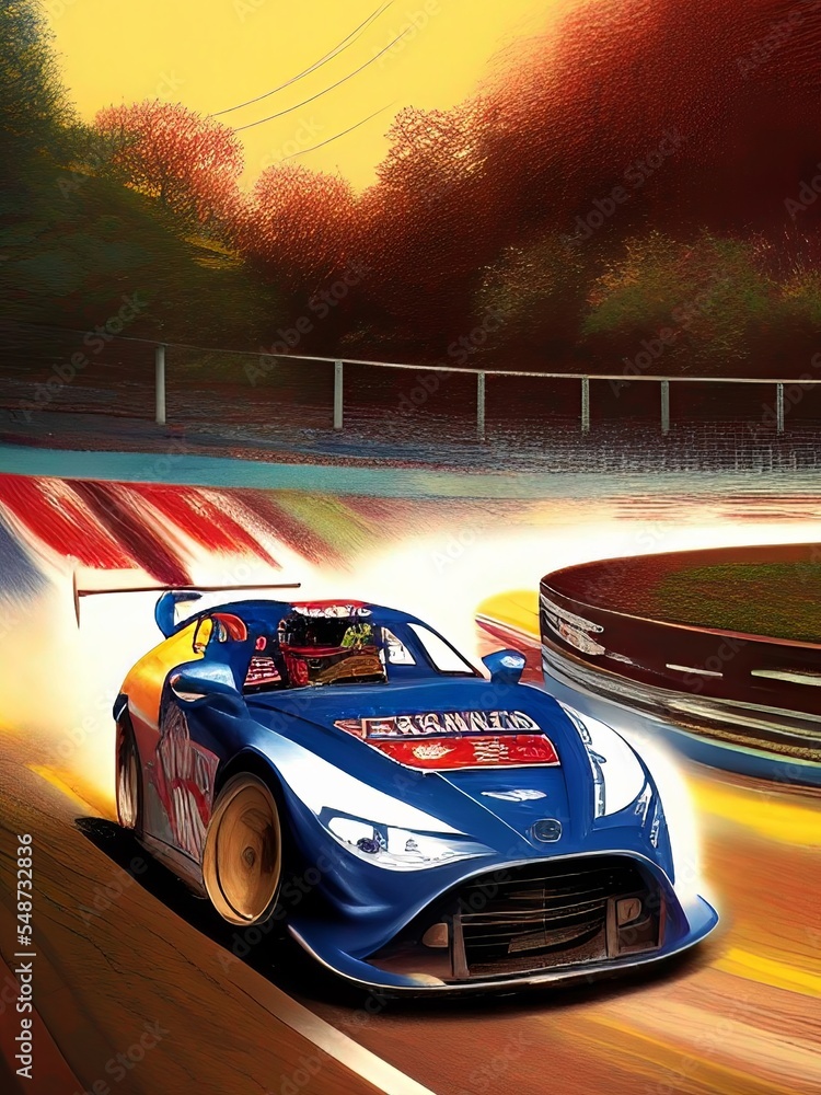 motorsport car racing  painting in many colors.