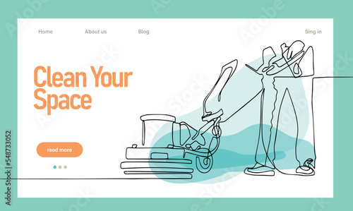Home cleaning service landing page design concept, illustration of janitors with cleaning tools. Vector illustration