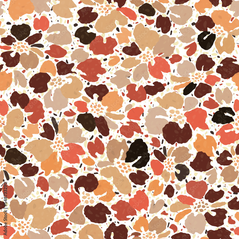 Seamless vector pattern with flowers like terrazzo tiles. Rough shapes in beige and brown shades for print. Flowers with leaves and shards isolated on white background