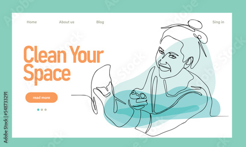 Home cleaning service landing page design concept, illustration of janitors with cleaning tools. Vector illustration