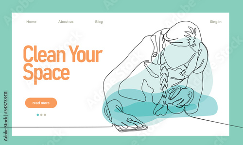 Home cleaning service landing page design concept, illustration of janitors with cleaning tools. Vector illustration