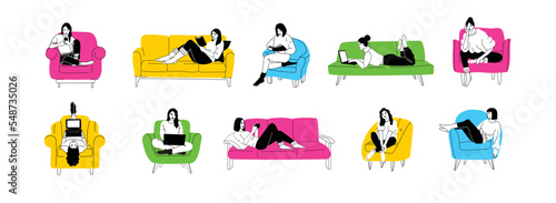 Girls sitting in armchair, sofa at home. Woman with laptopor book on the chair, sofa. Freelance or studying concept. Female character, chatting online using laptop, resting