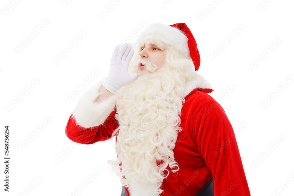Santa Claus says with hand at the face on a white background Christmas.