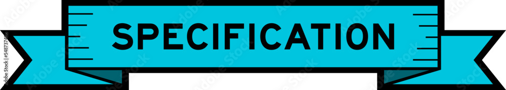 Ribbon label banner with word specification in blue color on white background Ribbon label banner with word specification in blue color on white background