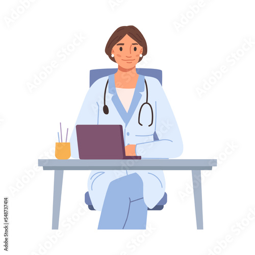 Doctor appointment or consultation, isolated woman working on laptop. Professional medical worker with stethoscope. Flat cartoon character, vector in flat style