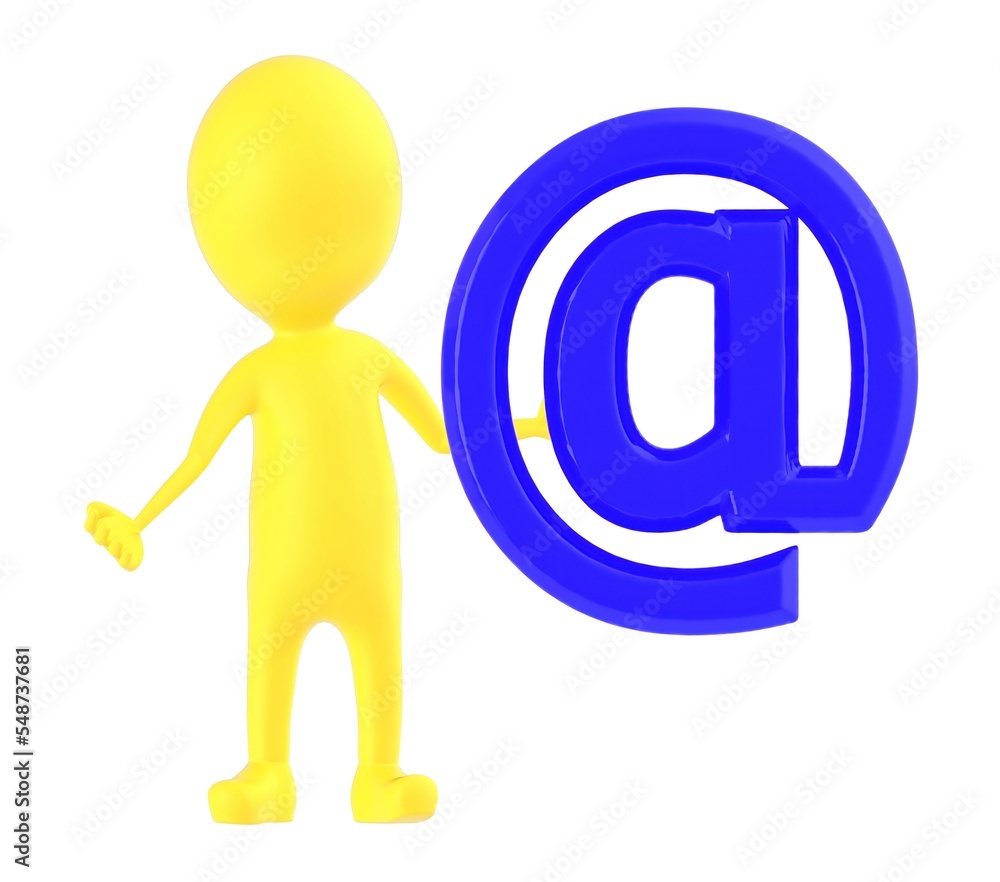 3d yellow character , standing near to email sign 3d yellow character , standing near to email sign