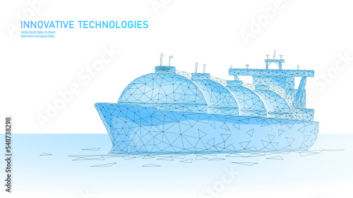 Tanker ship liquified gas transportation symbol. 3D low poly industrial oil refinery technology. Delivery petrol fuel cargo. Ocean LPG tank propane vector illustration