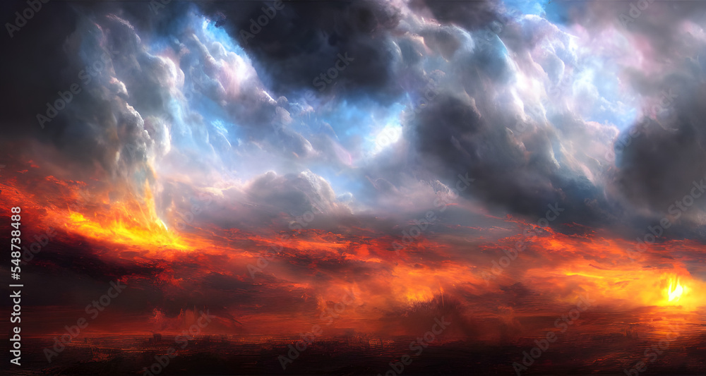 Digital Illustration Apocalyptic Scene Fire Lava Dark Stormy Skies