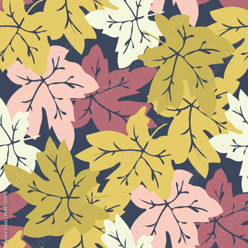 Abstract colorful leaves seamless vector pattern background. Backdrop with overlapping layered hand drawn foliage. Gold pink blue leaf design. Painterly botanical all over print for summer, baby