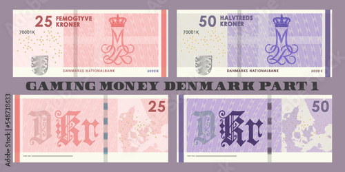 Set of vector gaming currency. The inscriptions in Danish mean twenty five and fifty crowns, the Danish national bank. Obverse and reverse game fictional banknotes