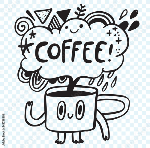 cute coffee cup character with fun doodles