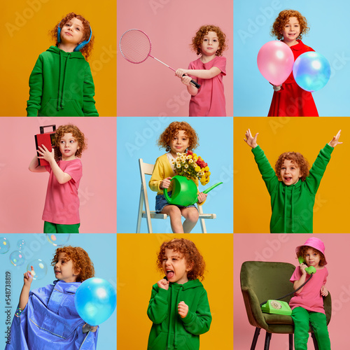 Collage. Portraits of cute little girl, child in different clothes posing isolated over multicolored background. Emotions