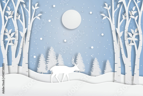 Deer in forest with snow in christmas and winter season, paper art and digital craft style.