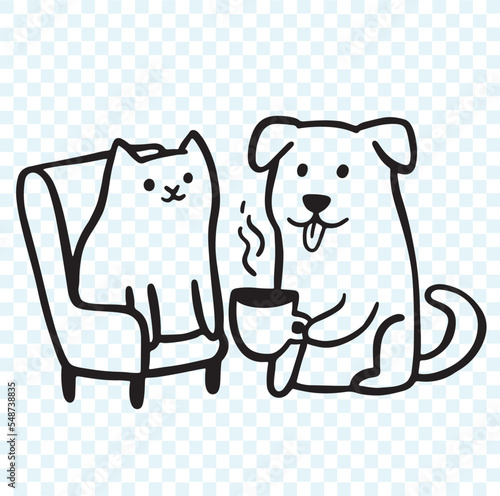 cute doodle cat and dog drinking tea or coffee
