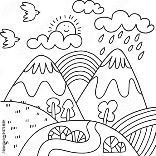 Cute doodle landscape with mountains, clouds, birds, river, trees.