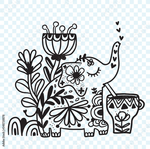 Doodle floral elephant drinking coffee or tea. Ornamental animal illustration