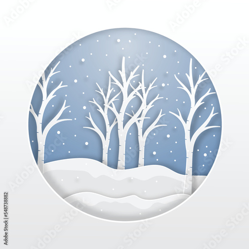 Illustration of Winter landscape with snow fall in forest. and place for your text space. paper cut and craft design. vector, illustration.