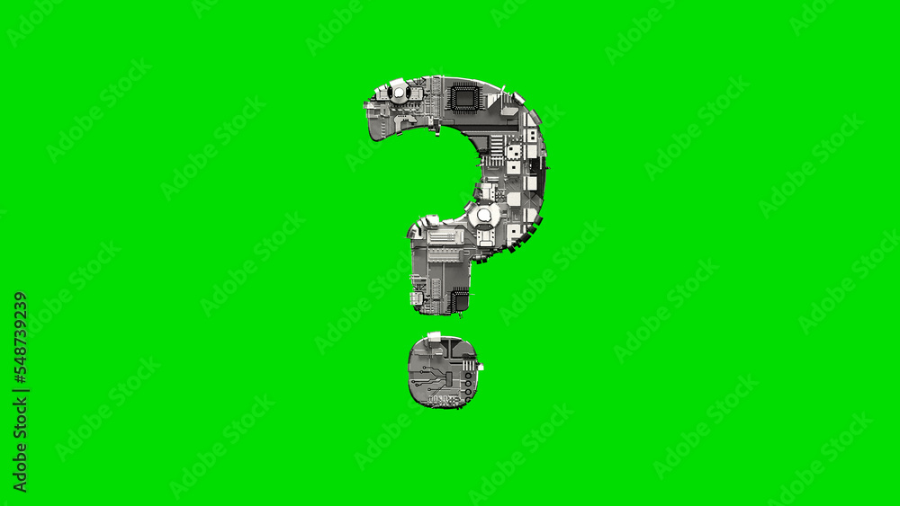 question mark, silver cyber scrap metal digital font on green, isolated ...