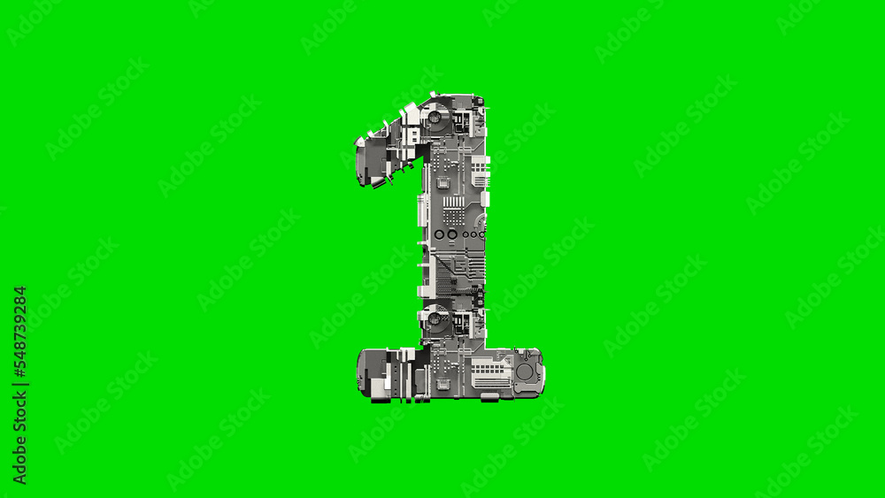 number 1, silver cyber metal scrap digital font on green, isolated - object 3D illustration