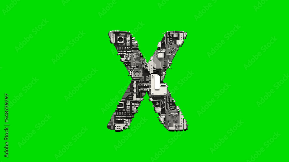 letter X, silver cyber metal scrap digital alphabet on green, isolated - object 3D rendering letter X, silver cyber metal scrap digital alphabet on green, isolated - object 3D rendering