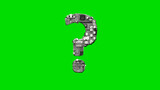 question mark, silver cyber scrap metal digital font on green, isolated - object 3D illustration