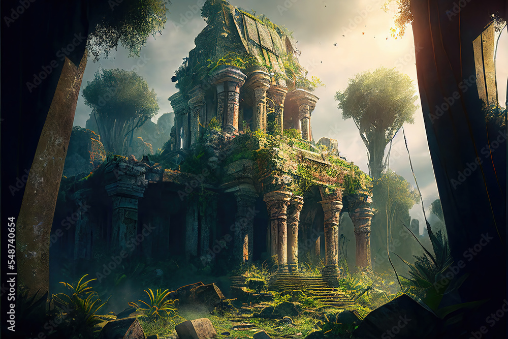 AI generated image of an ancient ruined Hindu temple in a forest ...