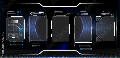 UI/UX Futuristic HUD, FUI, Callouts titles and frame in Sci- Fi style Futuristic user interface elements arrow, button, frame. Holographic elements of the hud user interface, high-tech panels.