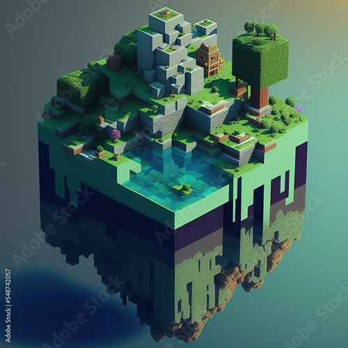 3D floating isometric Minecraft chunk. generative ai