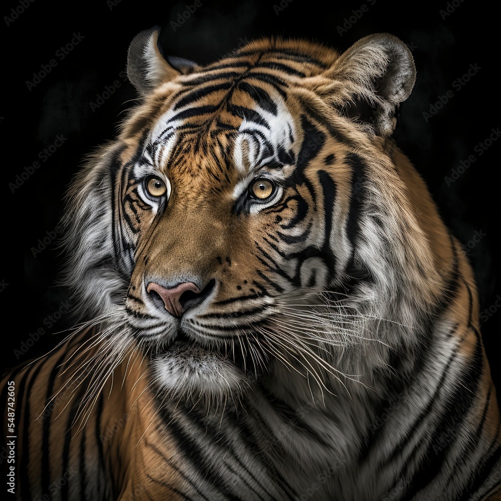 Fototapeta premium Illustration photo of a ferocious tiger animal with a black background. can be used for canvas, exhibition. Angry tiger, beautiful animal and his portrait