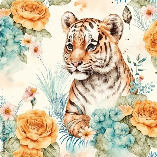 watercolor tiger with floral motifs  a seamless pattern for fabrics  pillows  canvas  banners and clothes. ready to print