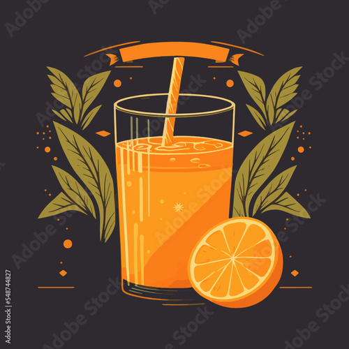 Illustration of fruit Orange Juice with slice oranges on isolated background Vector Flat Color