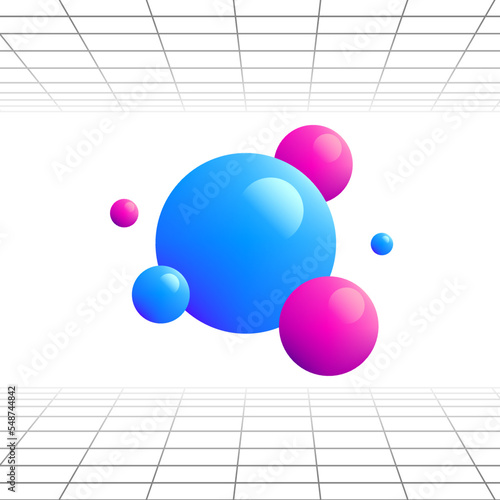 Fototapeta Naklejka Na Ścianę i Meble -  Abstract 3D Artwork of Atom Molecules on White Background, with Grid