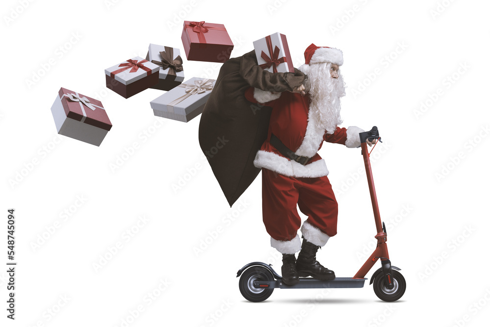Fototapeta premium PNG file no background Fast Santa Claus on electric scooter