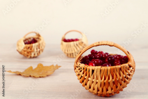 Fresh cranberries in a wicker basket, oak leaf nearby, light background, close-up, space for text