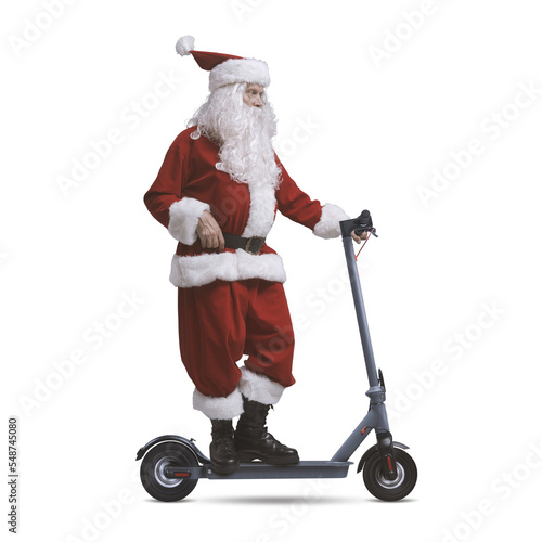 PNG file no background Confident Santa Claus riding a scooter