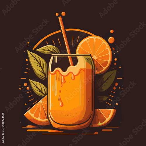 Illustration of fruit Orange Juice with slice oranges on isolated background Vector Flat Color